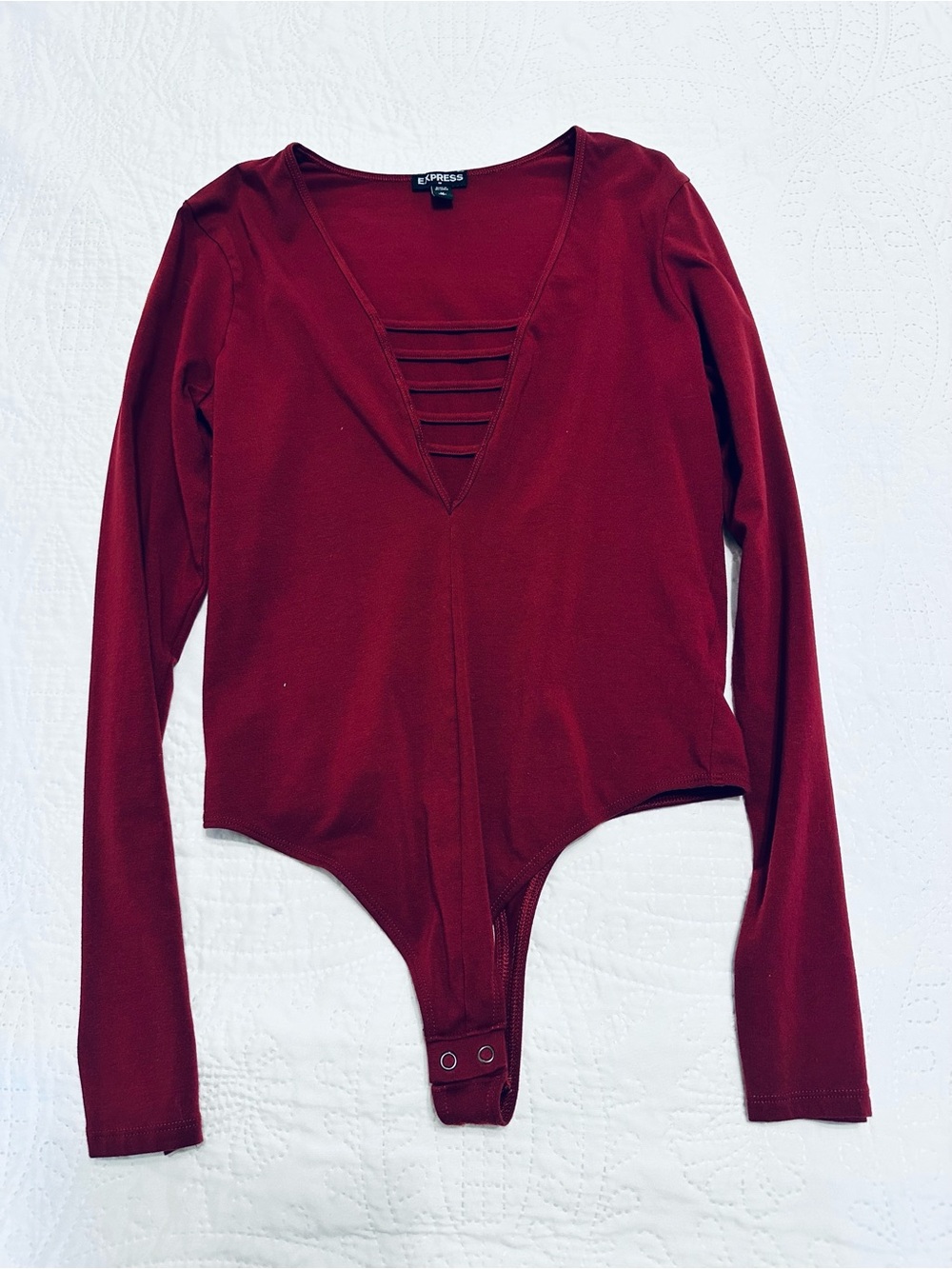 Express Women’s Burgundy Long-Sleeve Strappy V-Neck Bodysuit